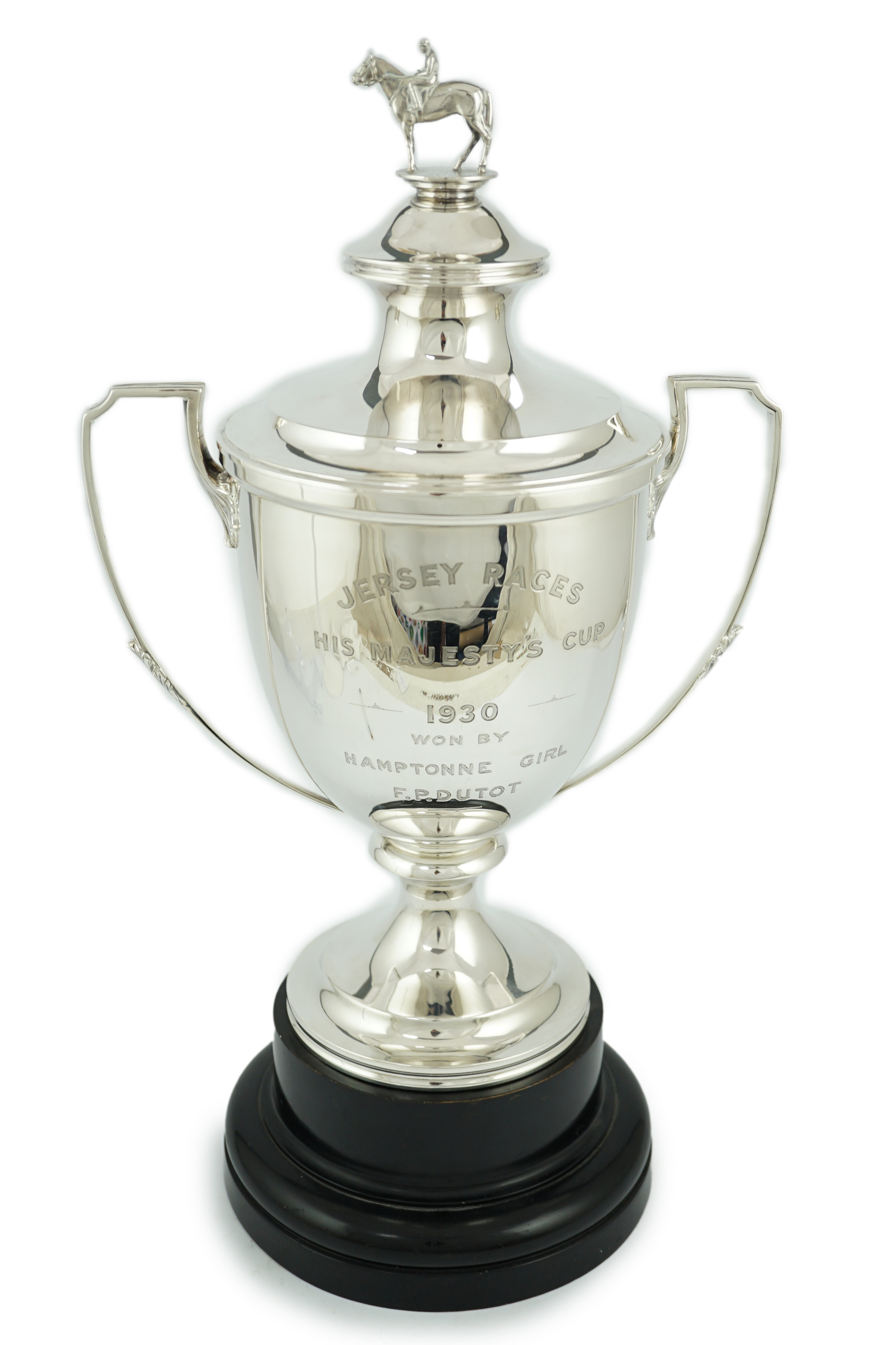 A large George V silver two handled horse racing presentation cup and cover by Edward Barnard & Sons Ltd